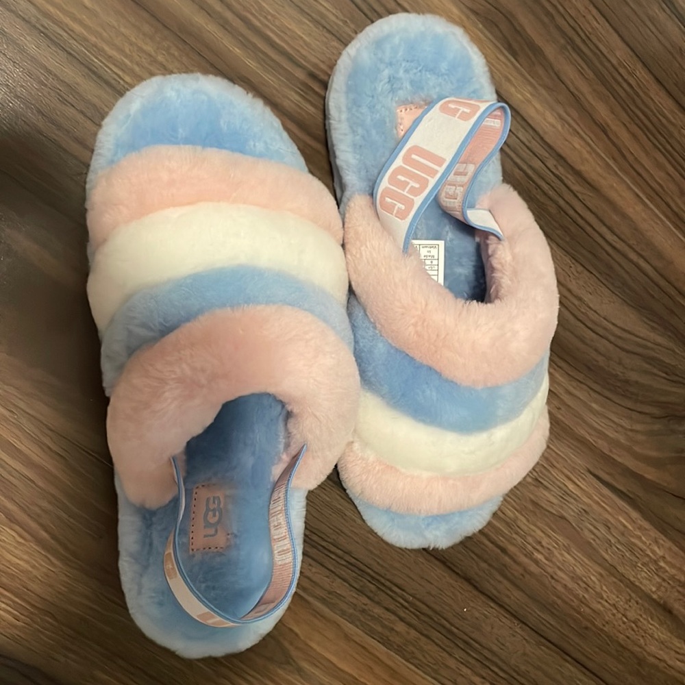 UGG Fluff Yeah blue and pink slippers